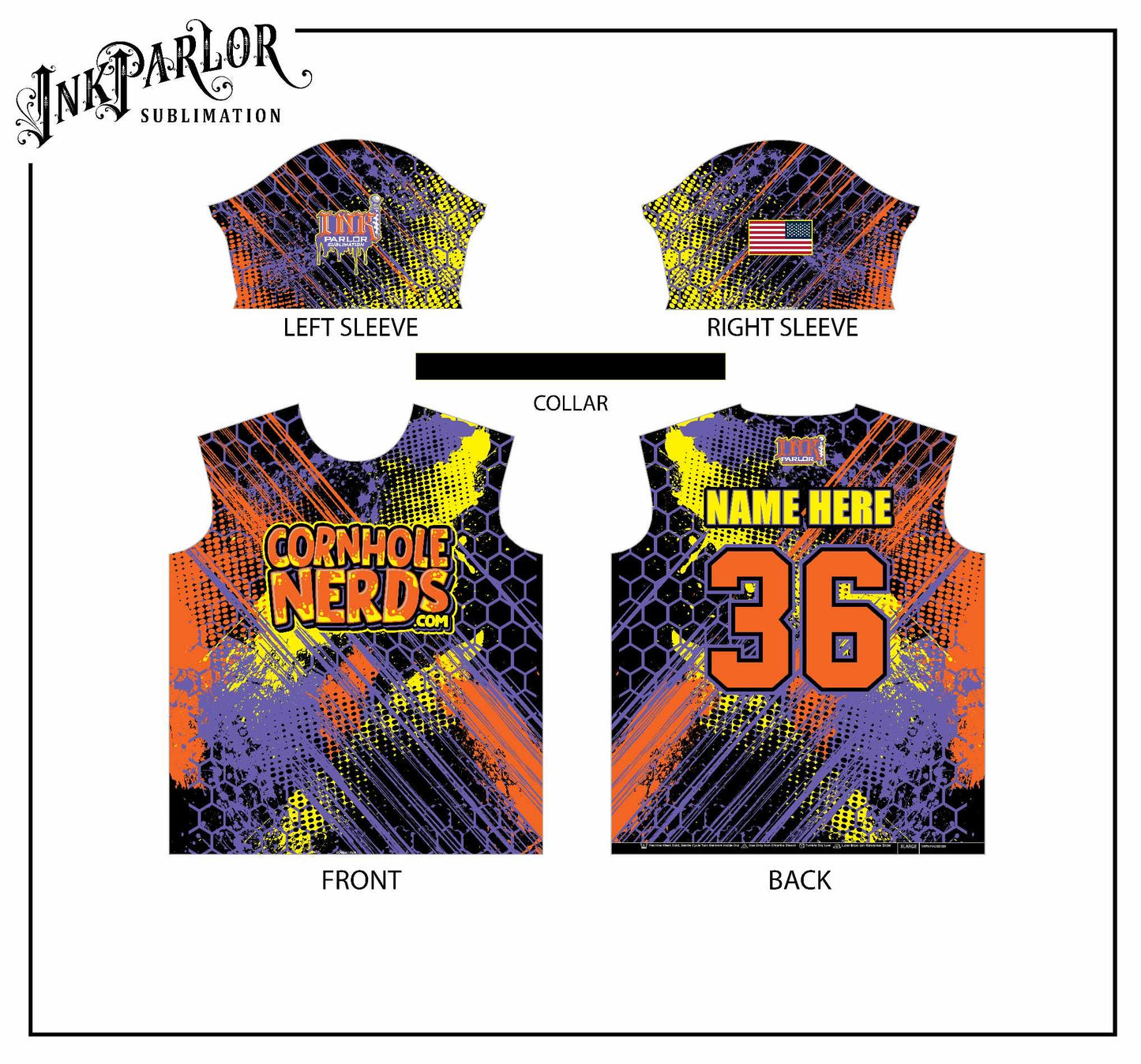 Cornhole Nerds light pink/barbed wire logo, Seattle Seahawks inspired, purple/yellow/orange honeycomb, army green/black honeycomb jersey(s)