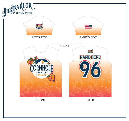 Cornhole Nerds Jersey(s) Nerds Light Peach, orange/black honeycomb(s), NY Jets inspired