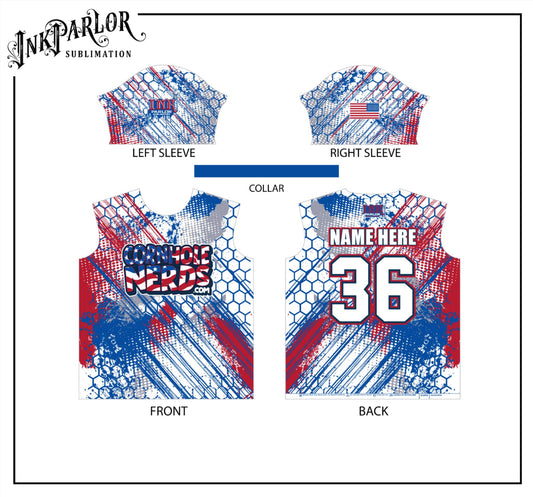 Cornhole Nerds Jersey(s) USA themed honeycomb and USA three-tone