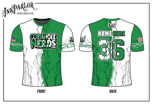 Cornhole Nerds Jersey(s) Nerds Light Peach, orange/black honeycomb(s), NY Jets inspired