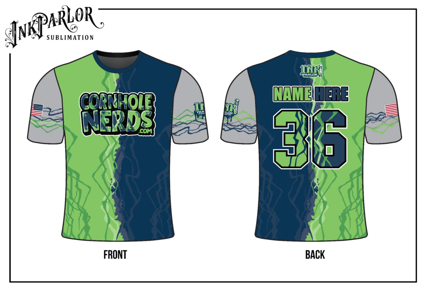 Cornhole Nerds light pink/barbed wire logo, Seattle Seahawks inspired, purple/yellow/orange honeycomb, army green/black honeycomb jersey(s)