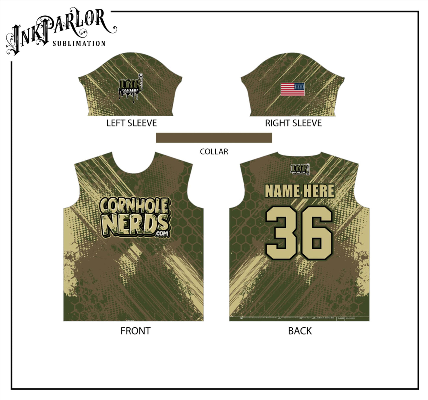 Cornhole Nerds army green/tan/black jersey(s)