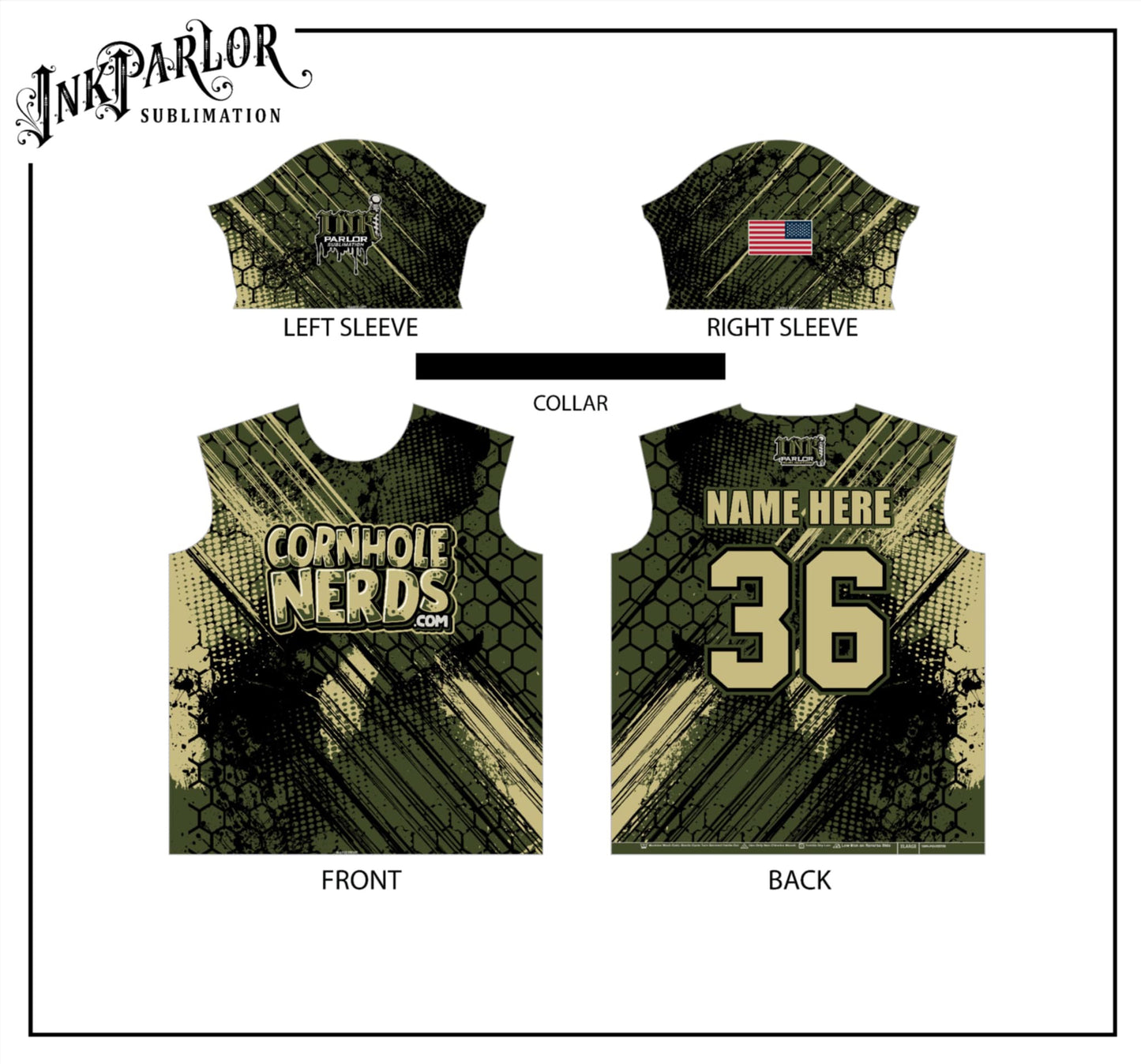 Cornhole Nerds army green/tan/black jersey(s)