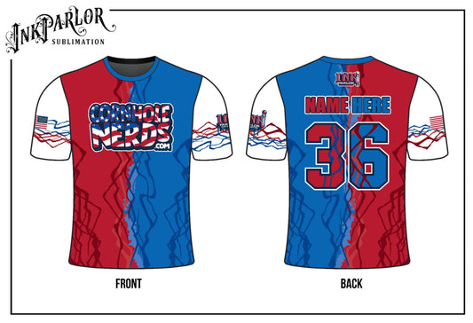 Cornhole Nerds Jersey(s) USA themed honeycomb and USA three-tone