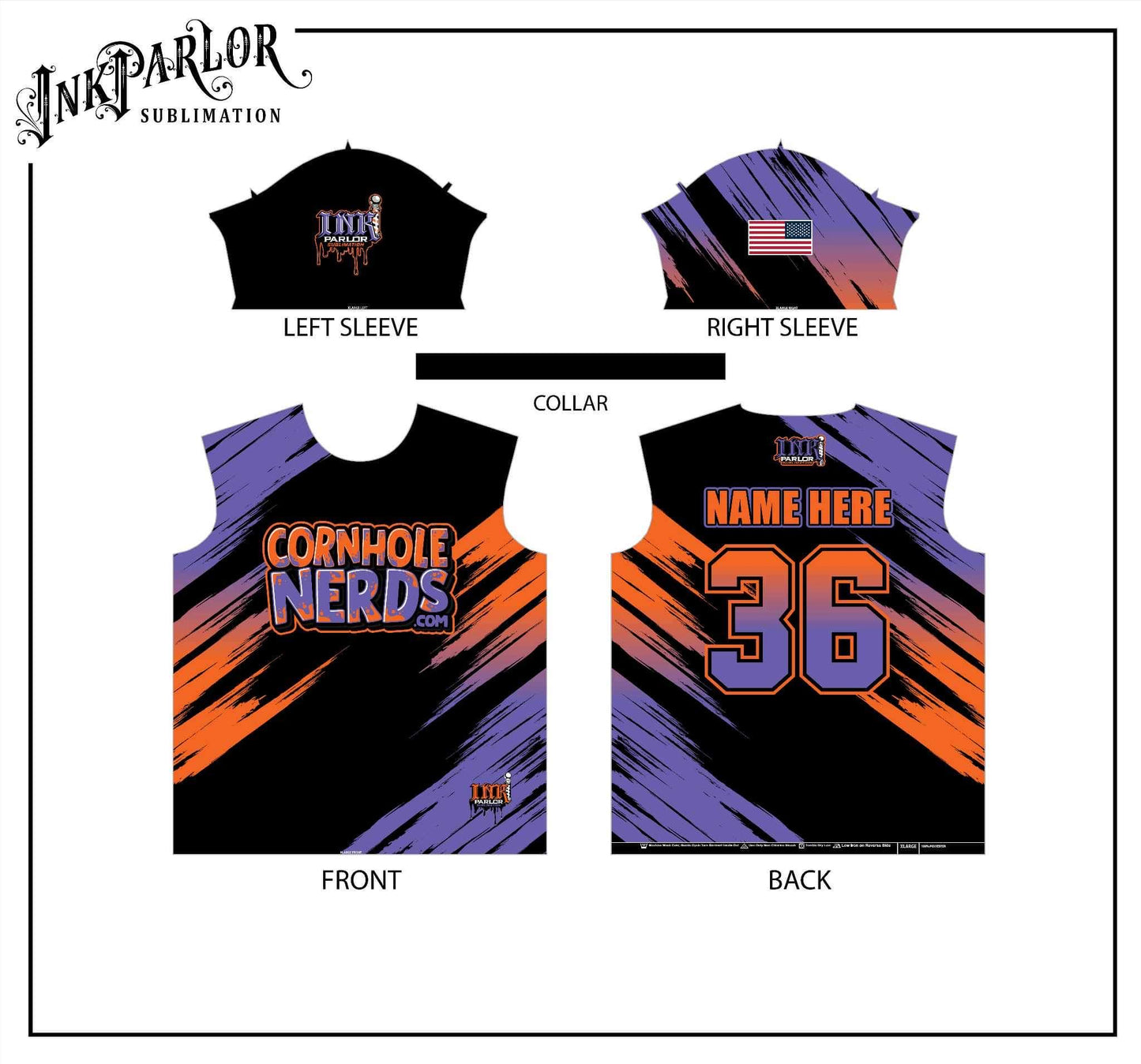 Cornhole Nerds olive/red, purple/orange, blue/orange, green/black/yellow jersey(s)