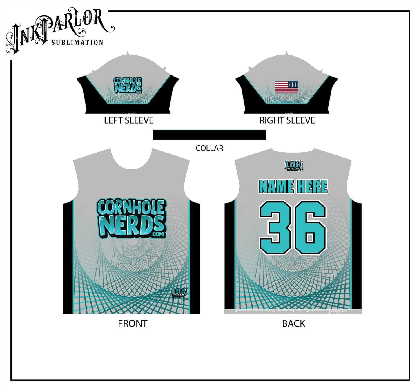 Cornhole Spiro-nerd red/black, black/red, black/teal, grey/teal jersey(s)