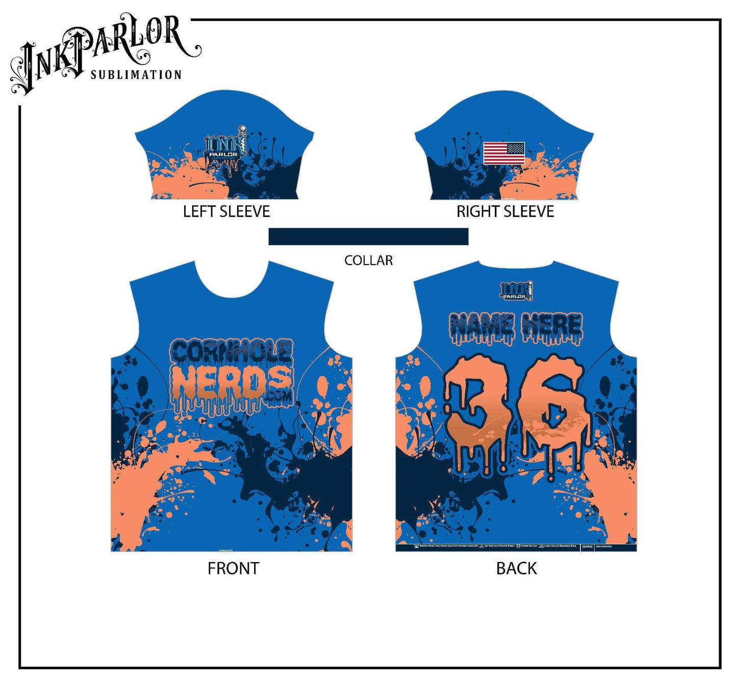 Cornhole Nerds blue with peachy/black drip jersey