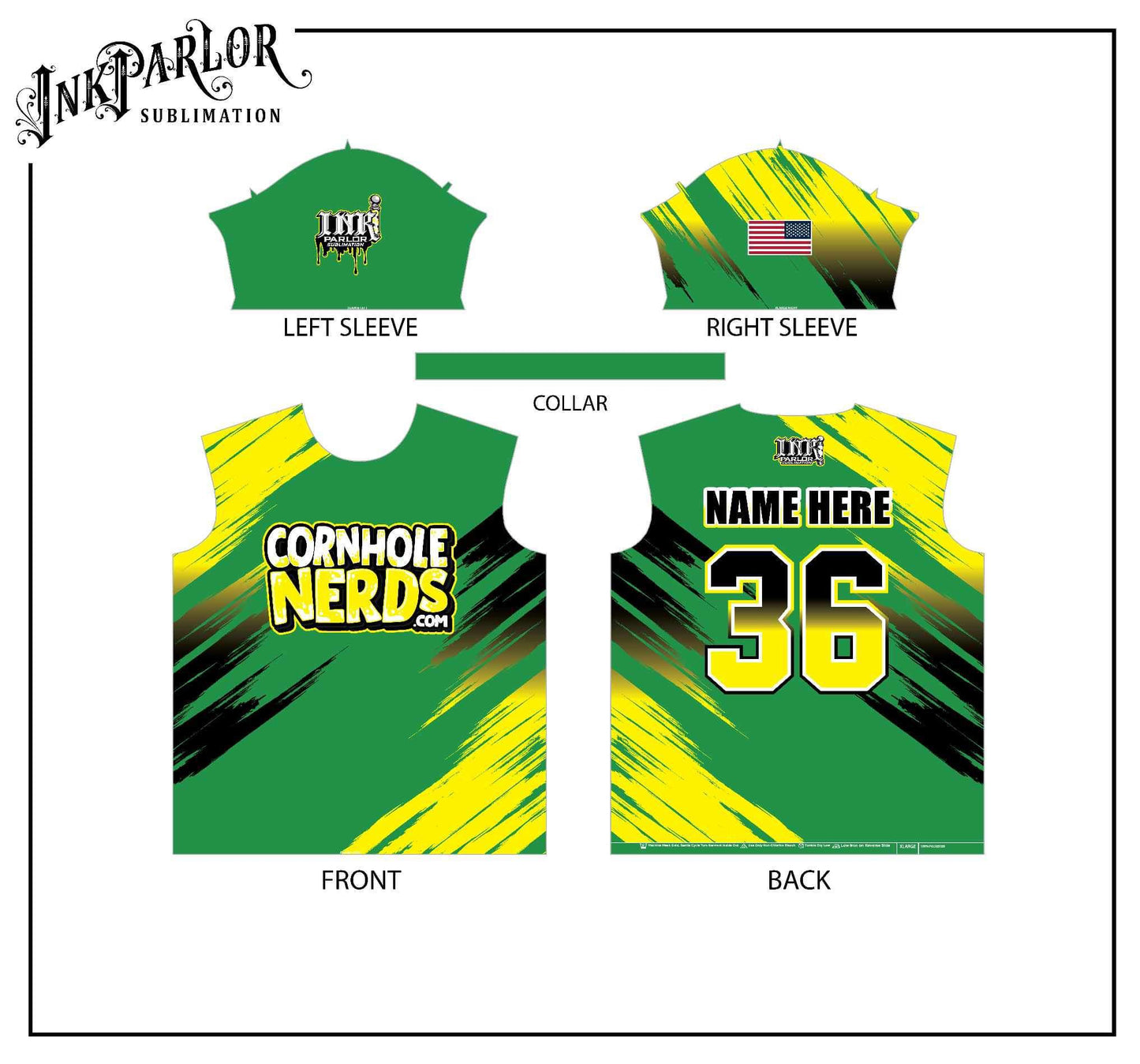 Cornhole Nerds olive/red, purple/orange, blue/orange, green/black/yellow jersey(s)