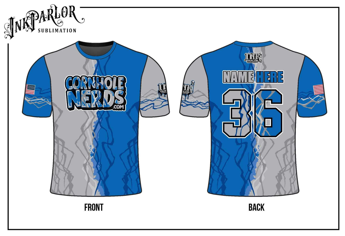 Cornhole Nerds two tone blue/grey jersey