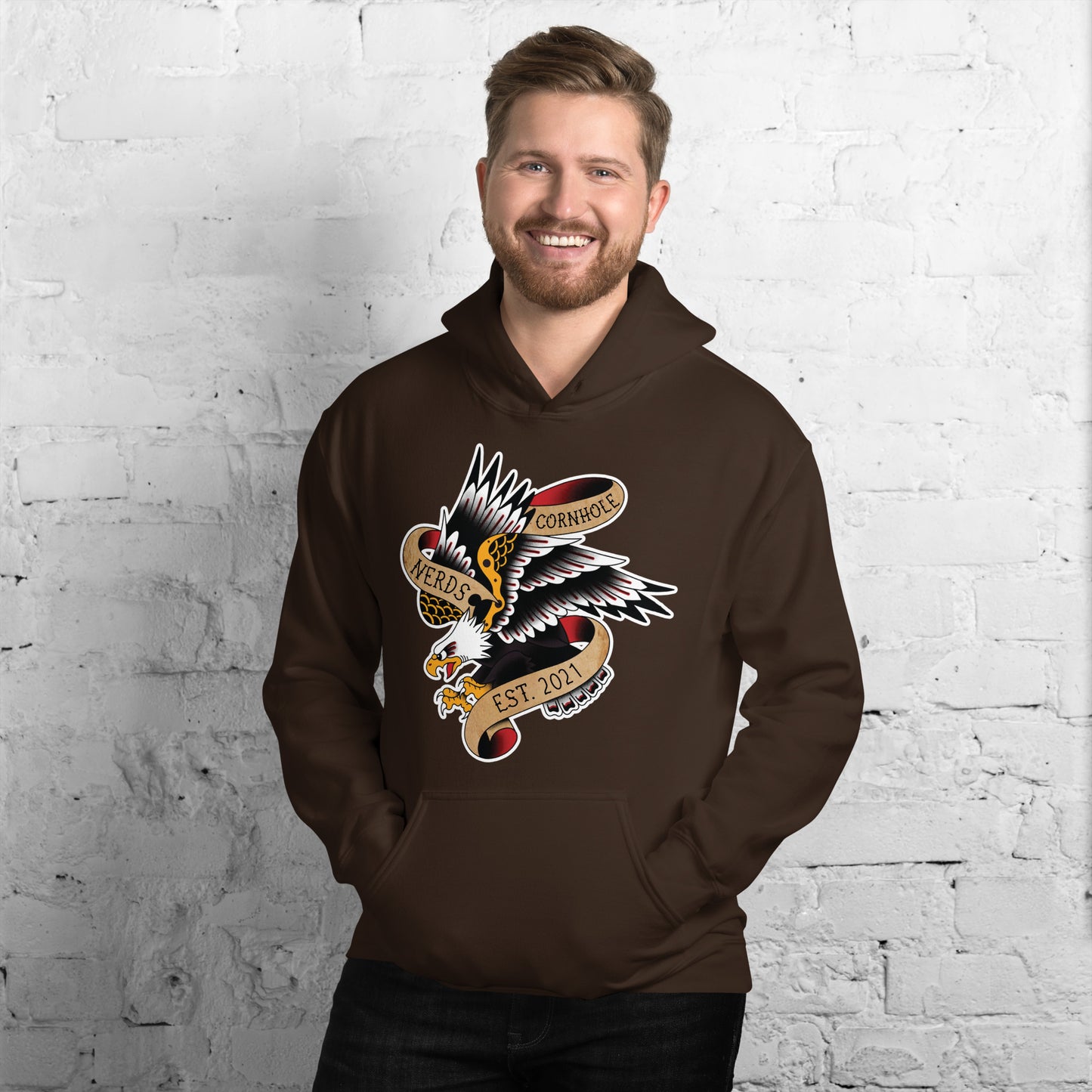 Cornhole Nerds eagle est 2021 logo Unisex Hoodie