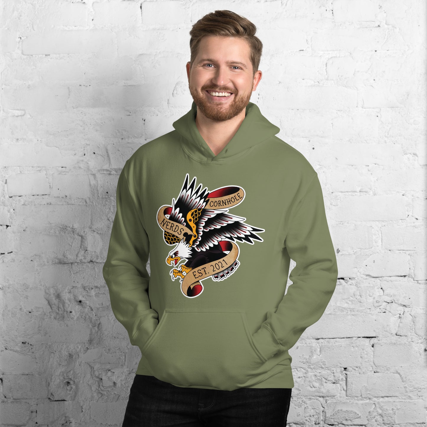 Cornhole Nerds eagle est 2021 logo Unisex Hoodie