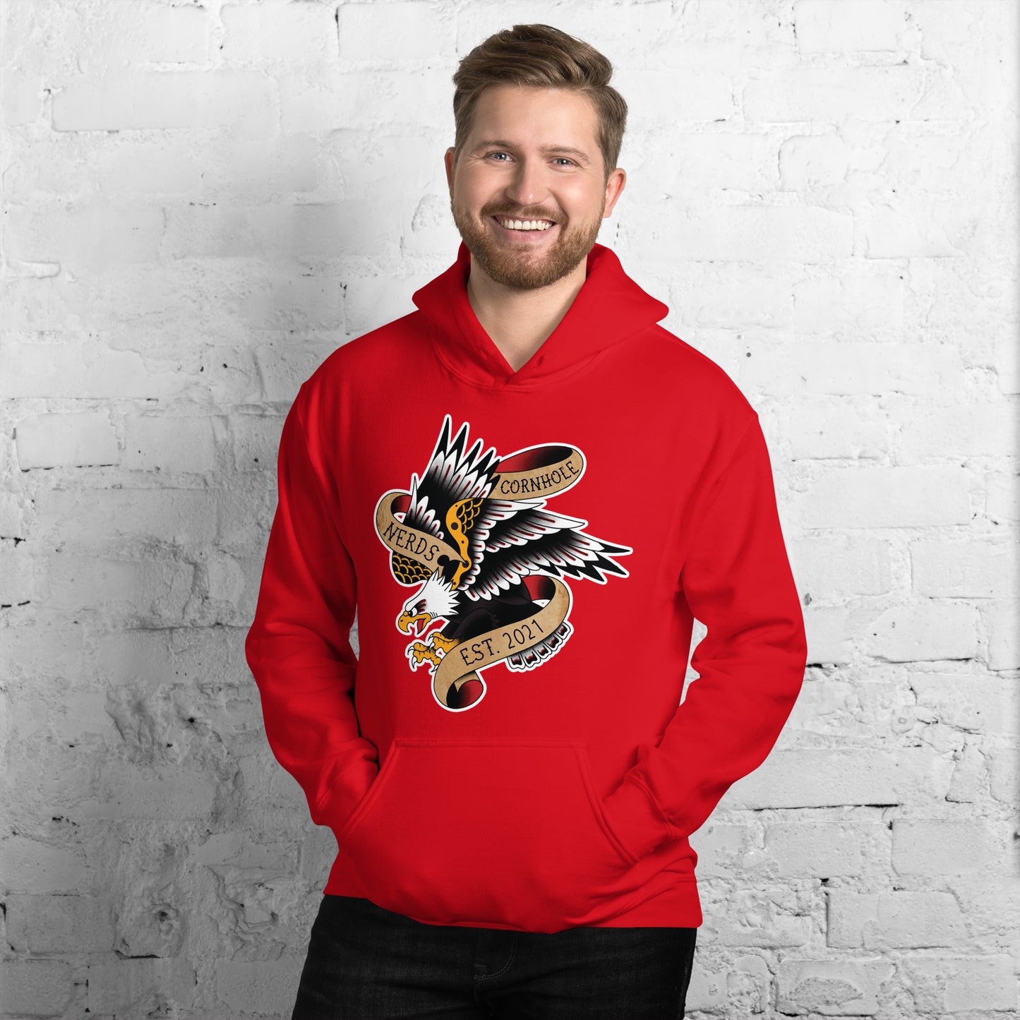 Cornhole Nerds eagle est 2021 logo Unisex Hoodie