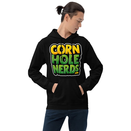 Cornhole Nerds Unisex Hoodie yellow/green square logo