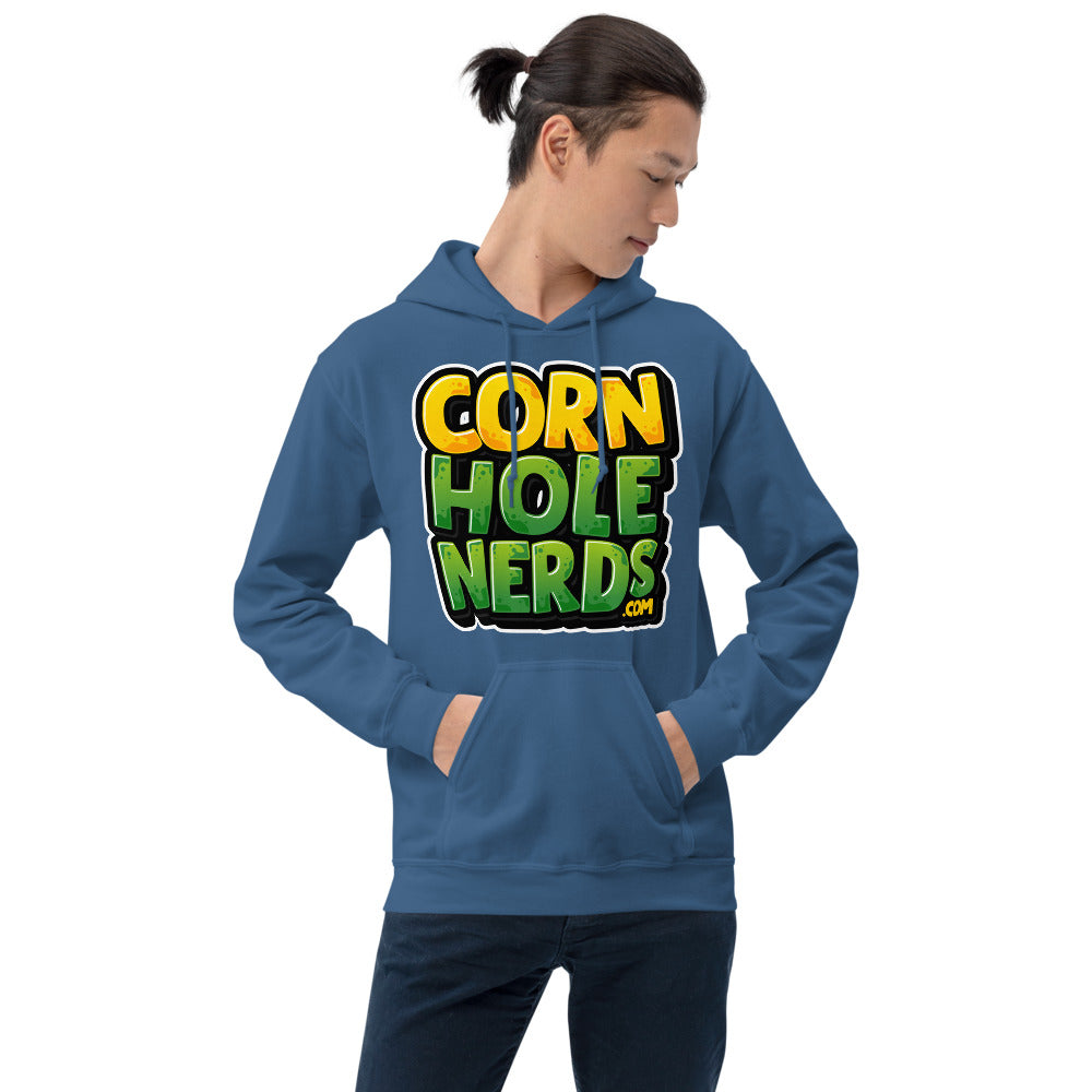 Cornhole Nerds Unisex Hoodie yellow/green square logo