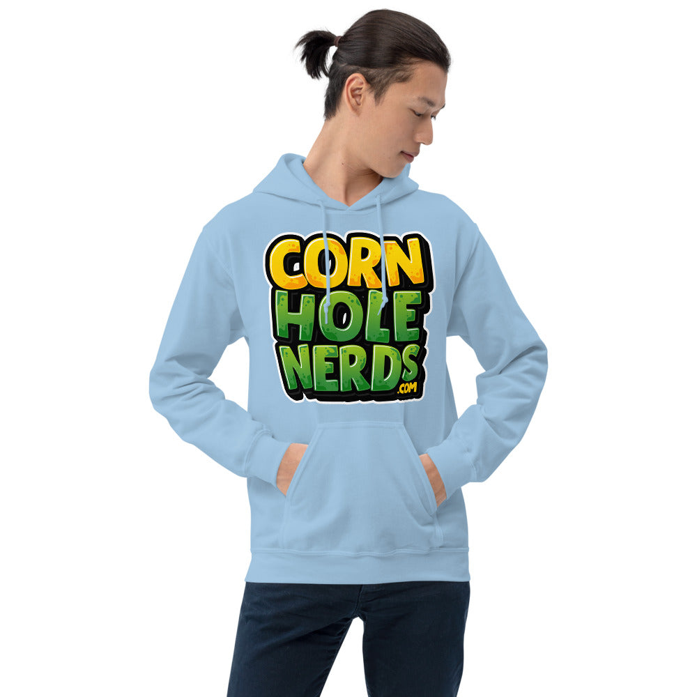 Cornhole Nerds Unisex Hoodie yellow/green square logo