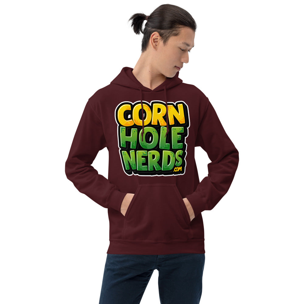 Cornhole Nerds Unisex Hoodie yellow/green square logo