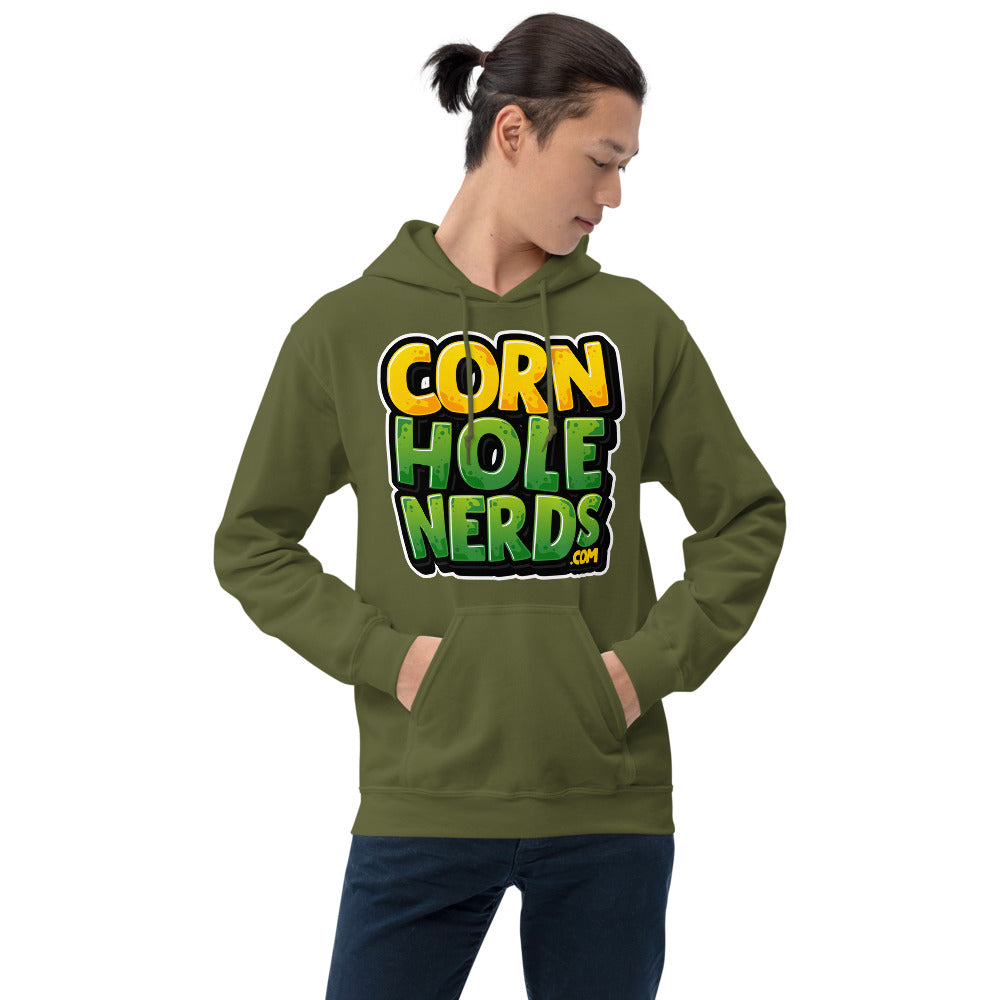 Cornhole Nerds Unisex Hoodie yellow/green square logo