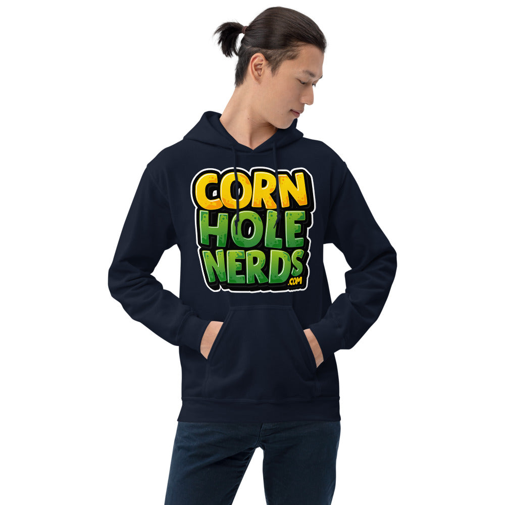 Cornhole Nerds Unisex Hoodie yellow/green square logo