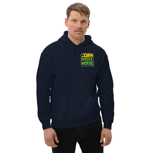 Cornhole Nerds Unisex Hoodie yellow/green chest logo