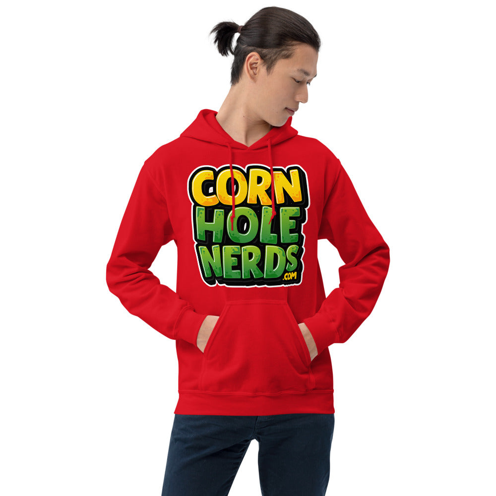 Cornhole Nerds Unisex Hoodie yellow/green square logo