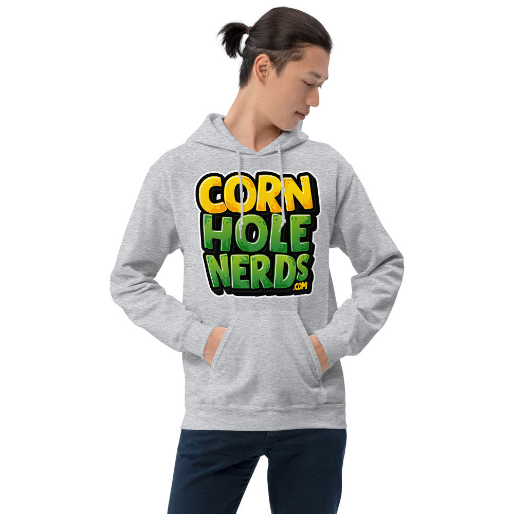 Cornhole Nerds Unisex Hoodie yellow/green square logo