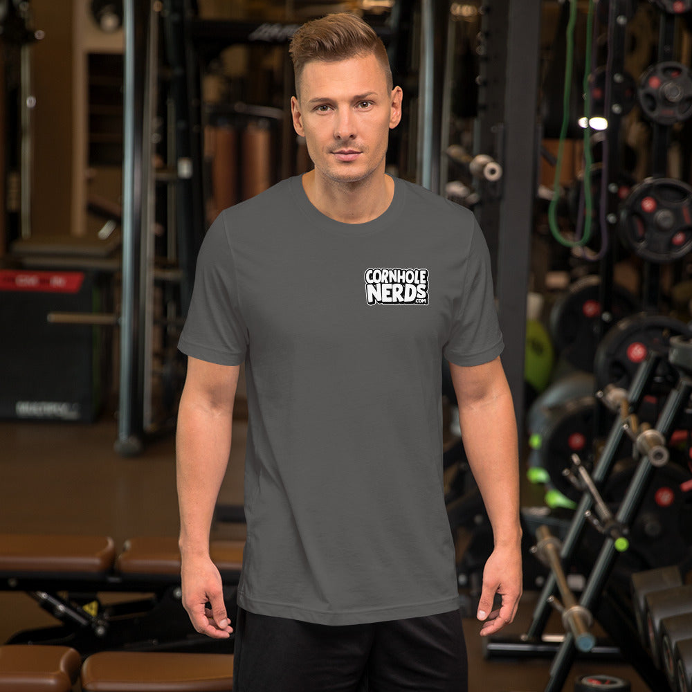 Cornhole Nerds unisex t-shirt white/black small chest logo