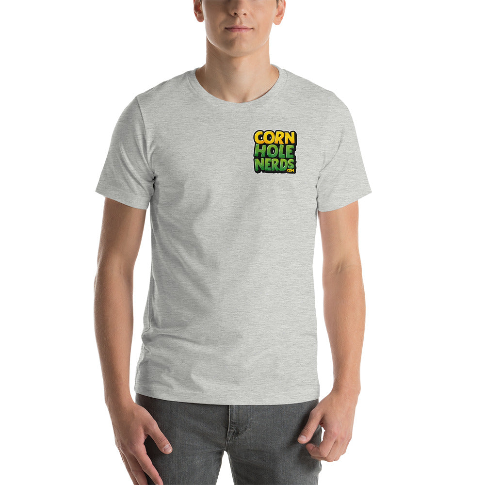 Cornhole Nerds unisex t-shirt yellow/green small chest logo