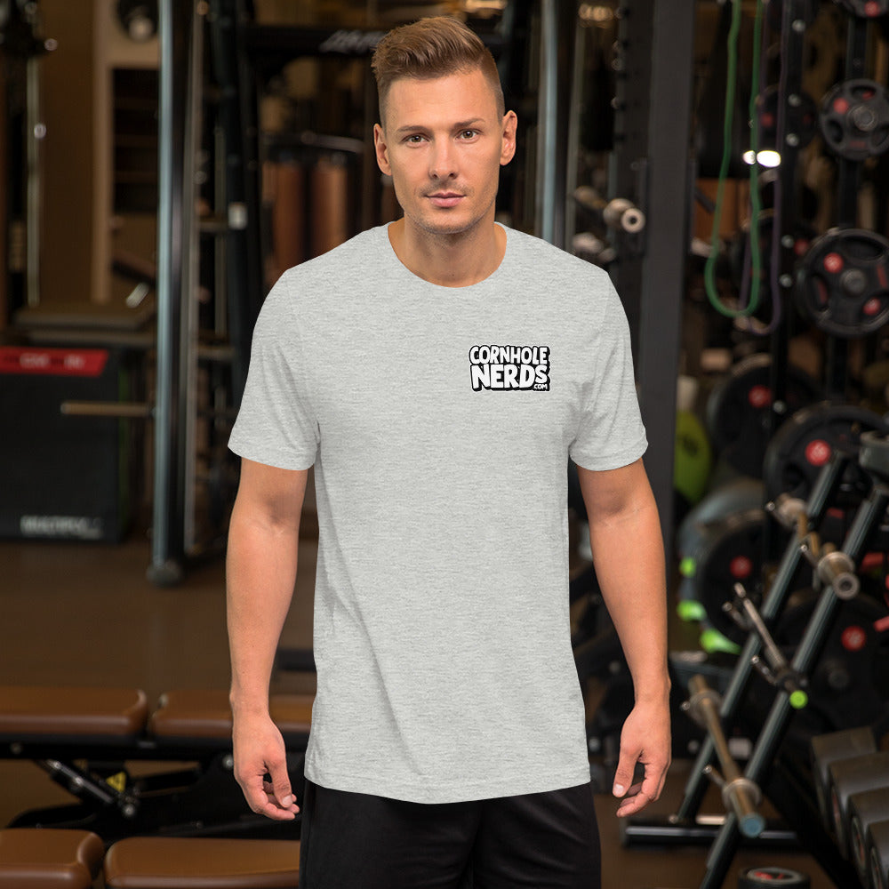 Cornhole Nerds unisex t-shirt white/black small chest logo