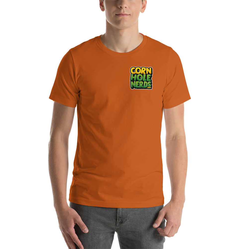 Cornhole Nerds unisex t-shirt yellow/green small chest logo