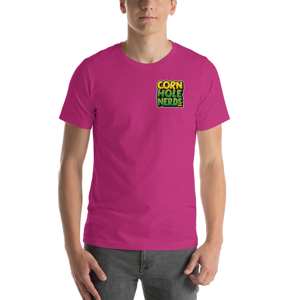 Cornhole Nerds unisex t-shirt yellow/green small chest logo