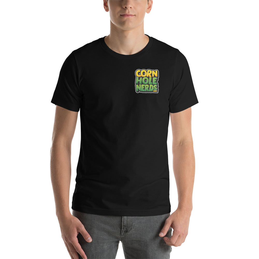Cornhole Nerds unisex t-shirt yellow/green small chest logo