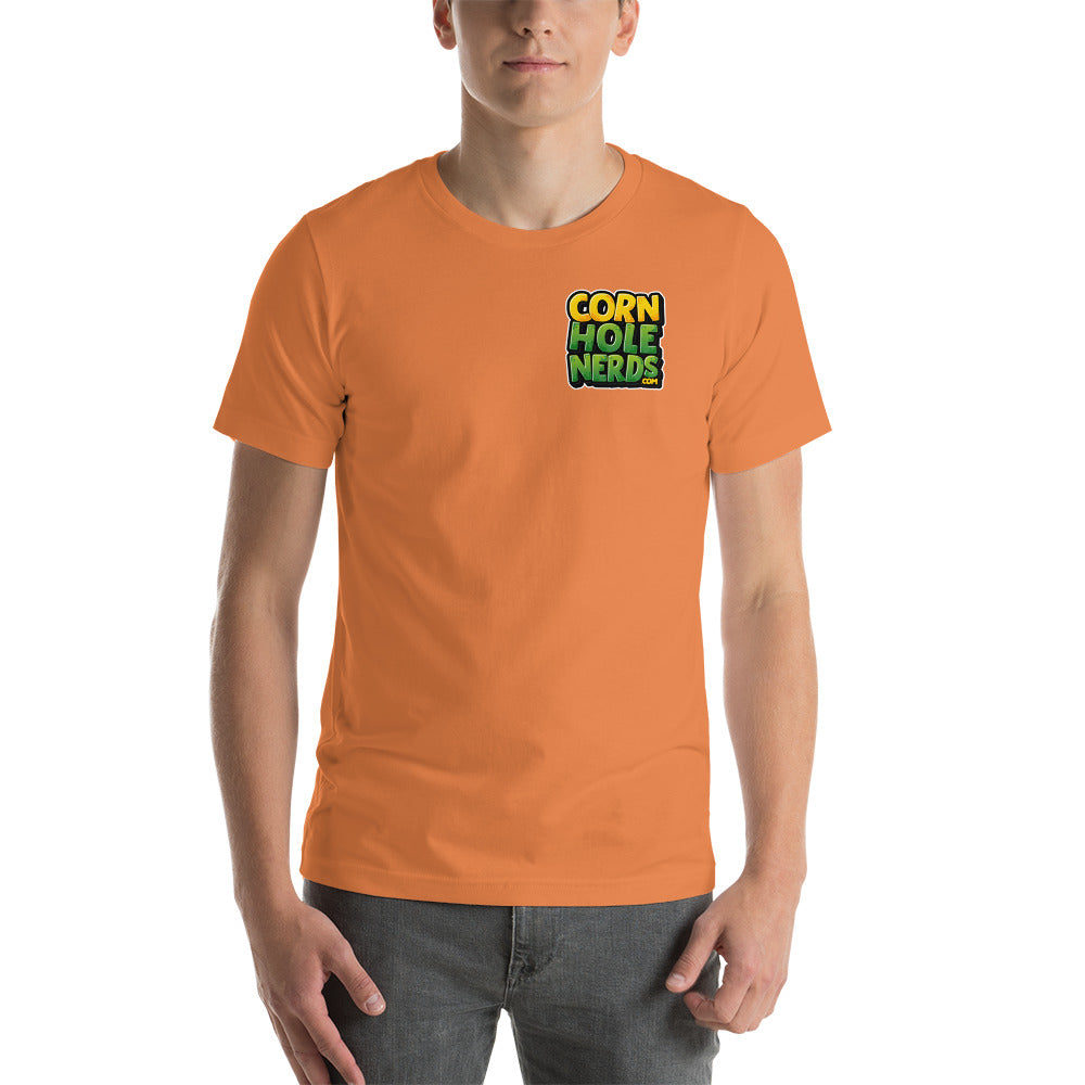 Cornhole Nerds unisex t-shirt yellow/green small chest logo