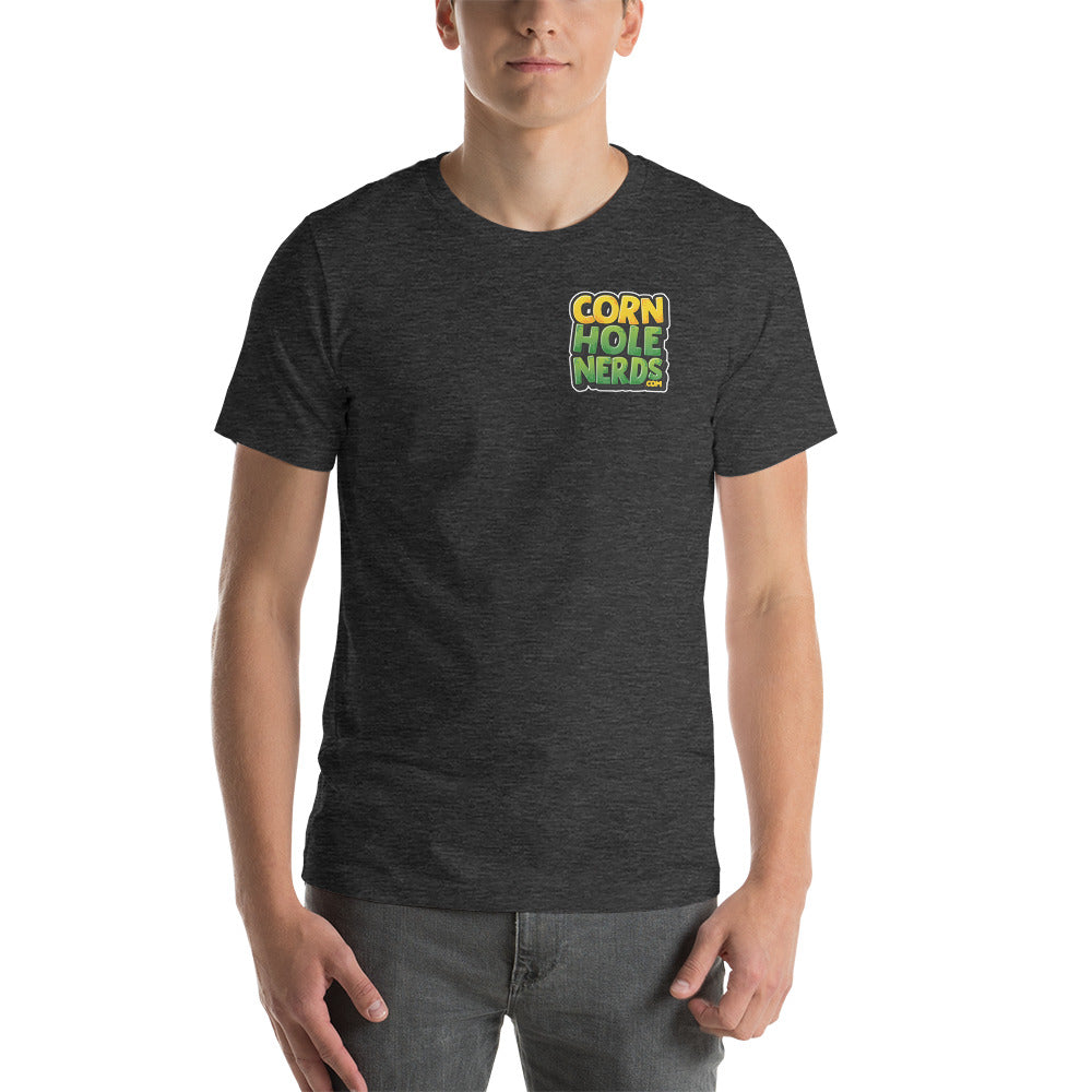 Cornhole Nerds unisex t-shirt yellow/green small chest logo