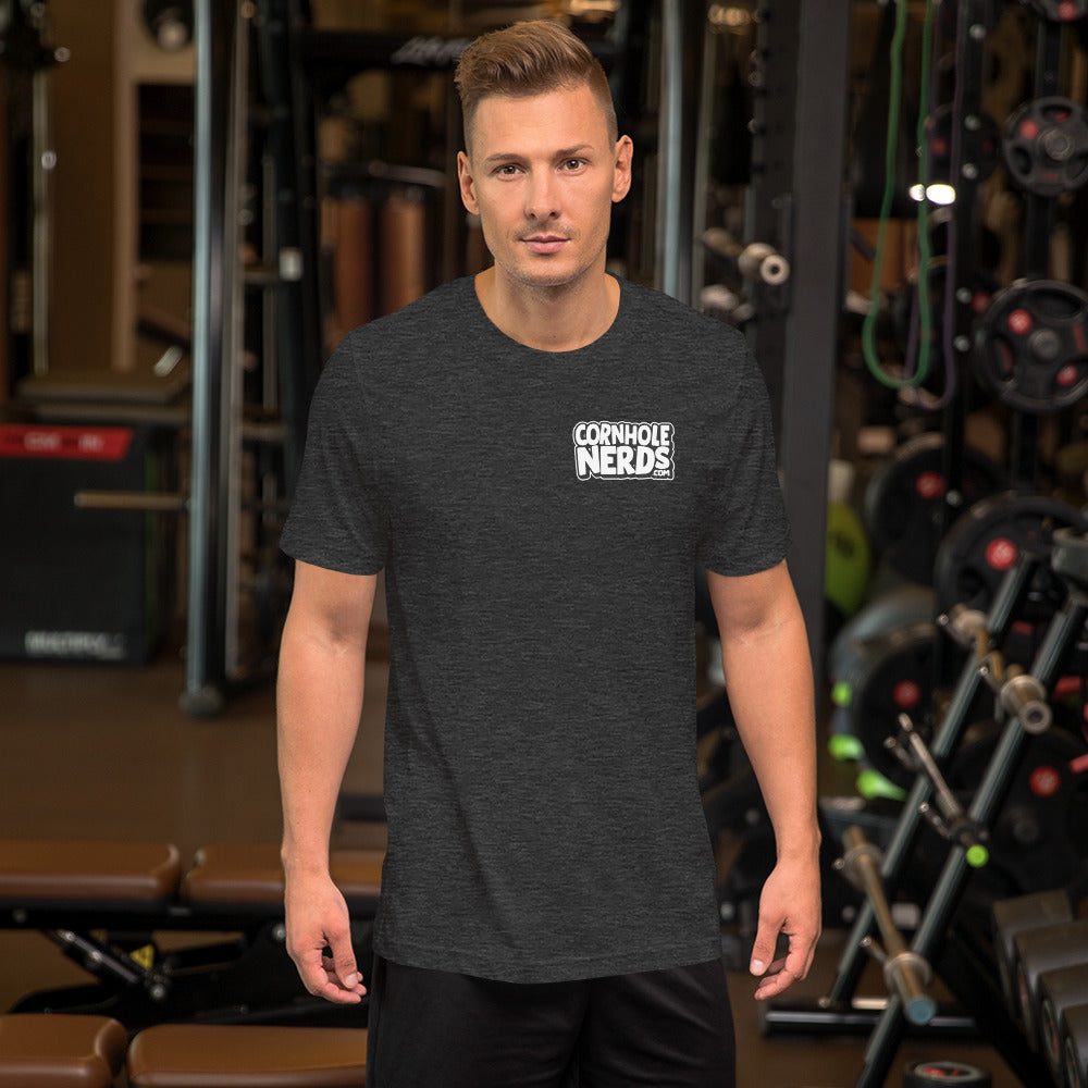 Cornhole Nerds unisex t-shirt white/black small chest logo