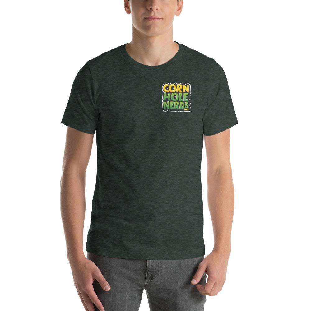 Cornhole Nerds unisex t-shirt yellow/green small chest logo