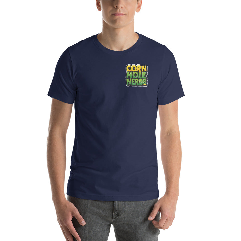 Cornhole Nerds unisex t-shirt yellow/green small chest logo