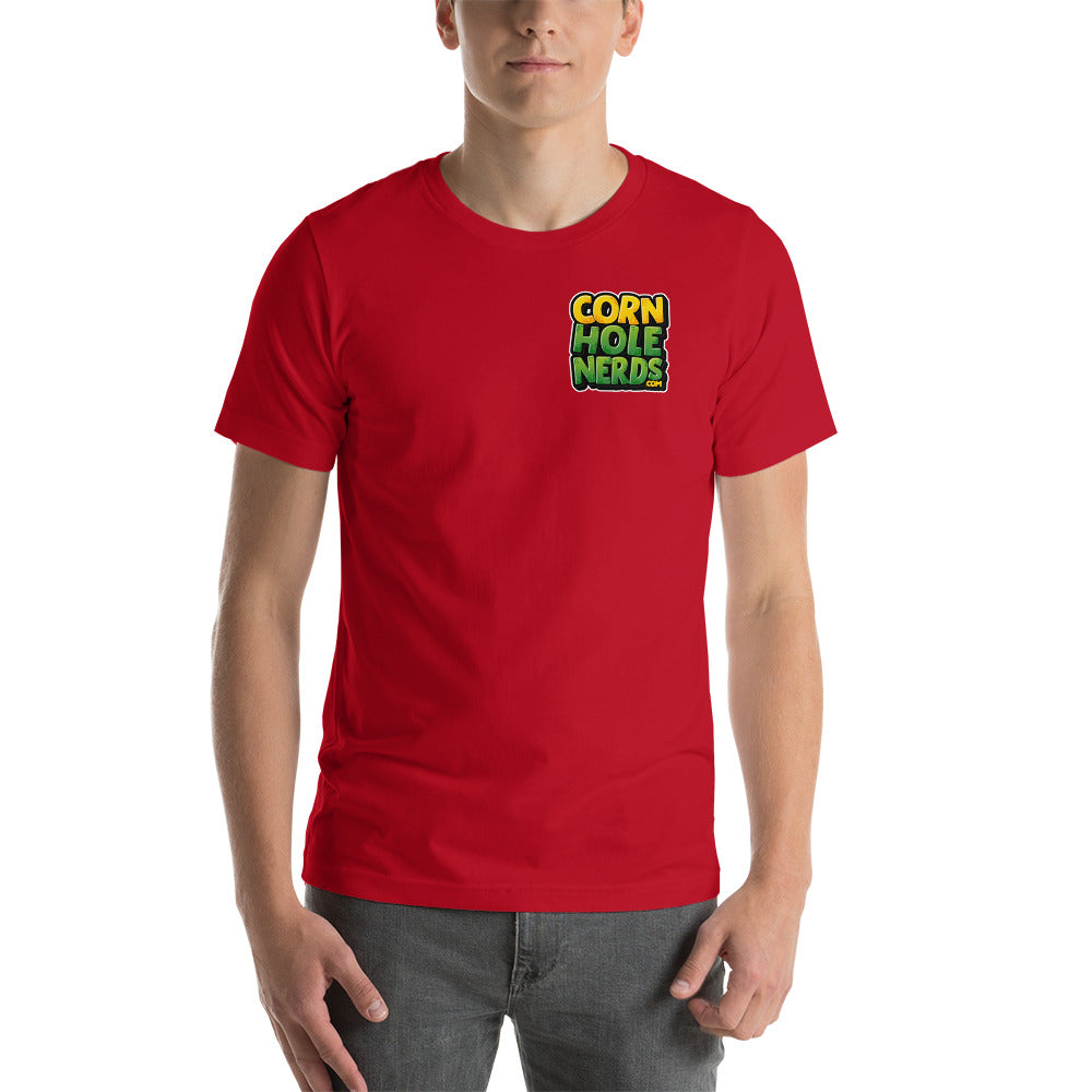Cornhole Nerds unisex t-shirt yellow/green small chest logo