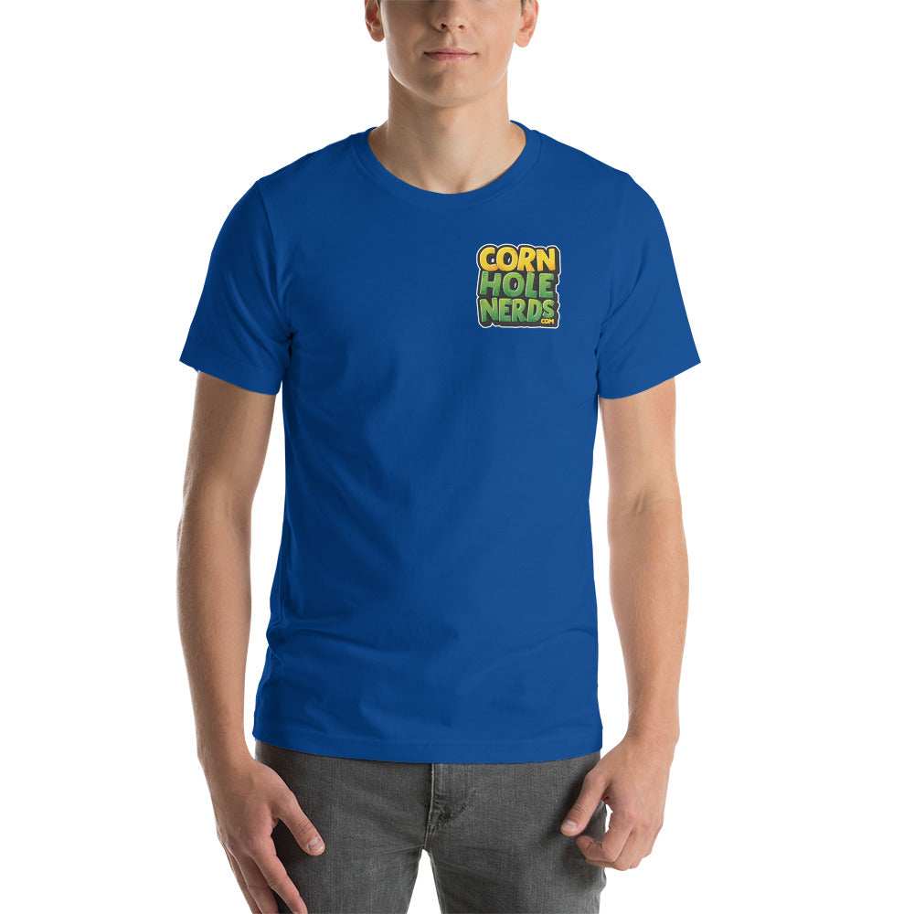 Cornhole Nerds unisex t-shirt yellow/green small chest logo