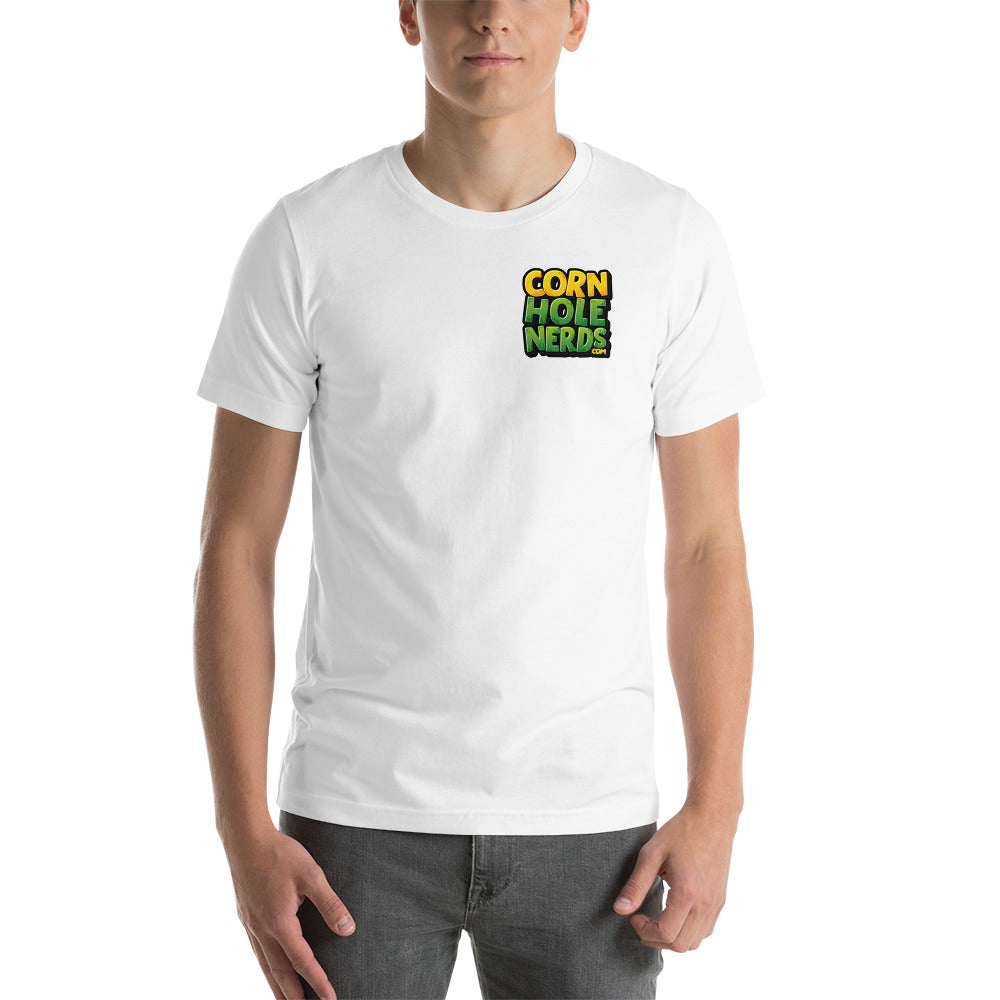 Cornhole Nerds unisex t-shirt yellow/green small chest logo