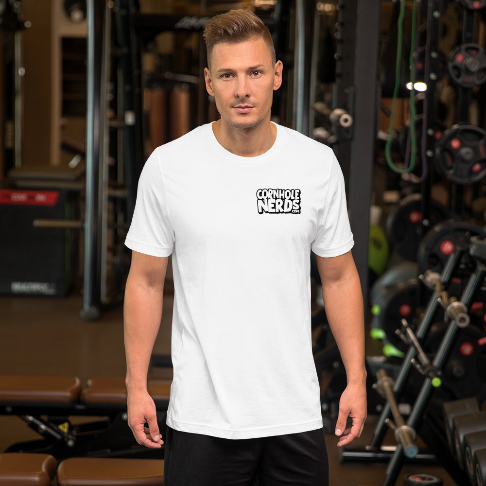 Cornhole Nerds unisex t-shirt white/black small chest logo