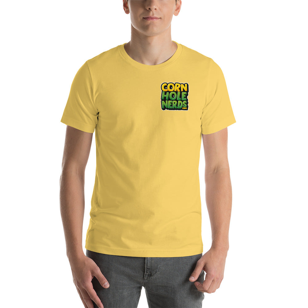 Cornhole Nerds unisex t-shirt yellow/green small chest logo