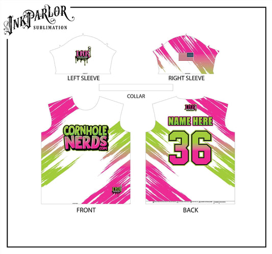 Cornhole Nerds white/pink/green jersey