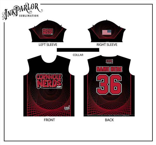 Cornhole Nerds black/red Spiro-nerd jersey