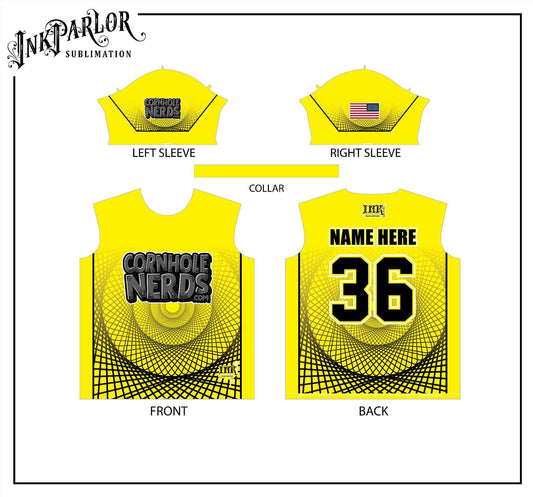 Cornhole Nerds yellow/black Spiro-nerd jersey