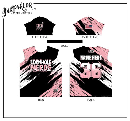 Cornhole Nerds white/pink/black white/light blue/black jersey(s)