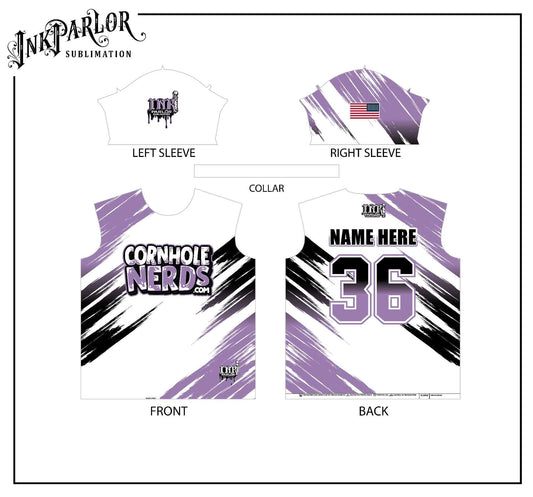 Cornhole Nerds white/light purple/black jersey