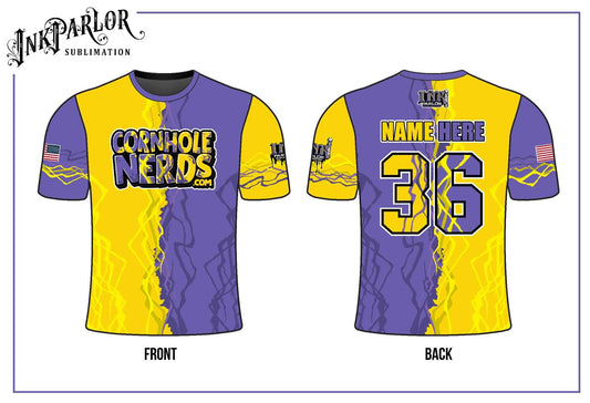 Cornhole Nerds two tone purple/yellow  jersey
