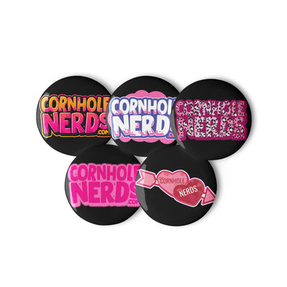 Cornhole Nerds pink set of pin buttons