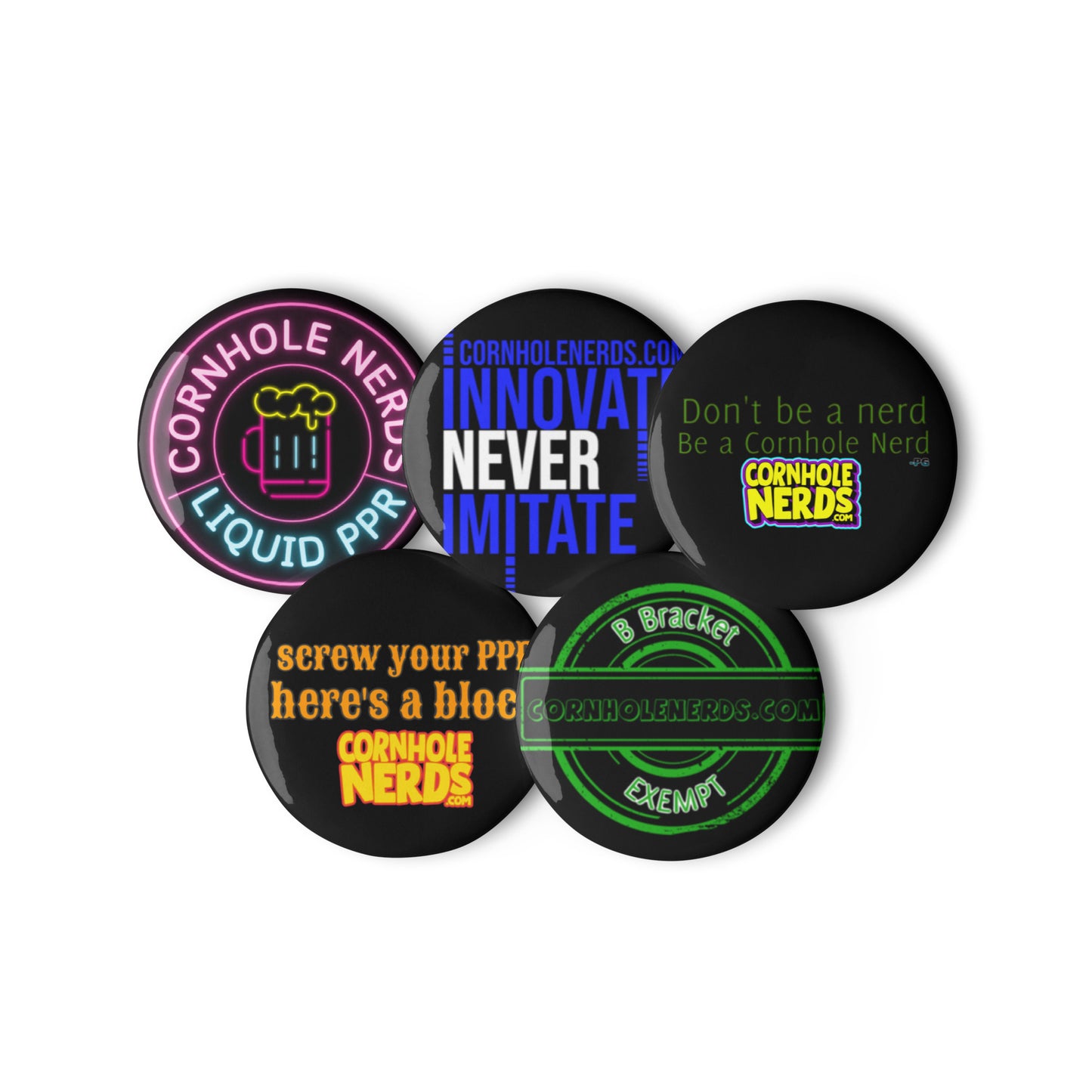 Cornhole Nerds set of pin buttons