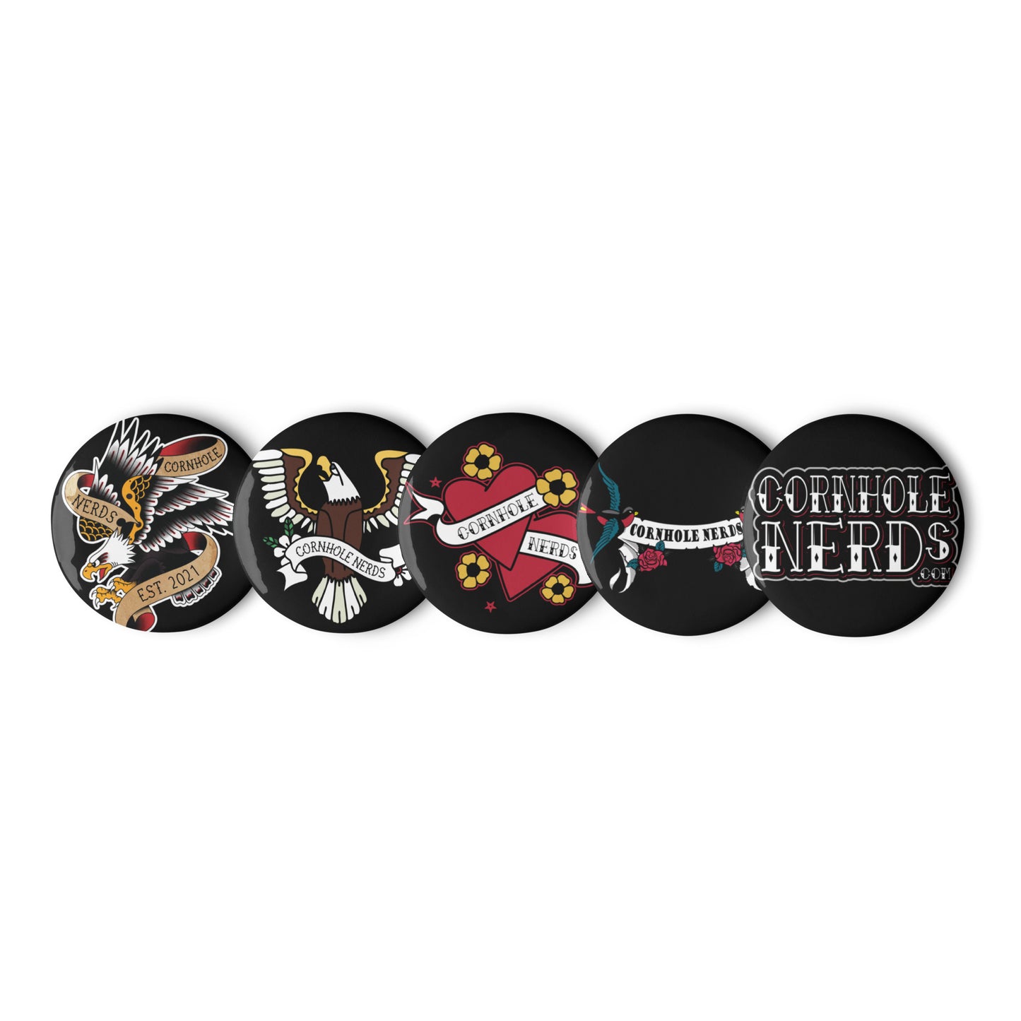 Cornhole Nerds Tattoo Inspired set of pin buttons